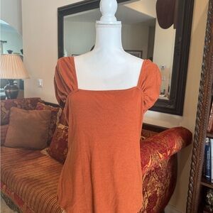 Anthropologie Orange Puff Sleeve Blouse with Square Neckline